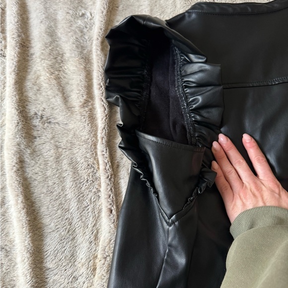 Black Faux Leather Ruffle Sleeve Top - Picture 4 of 5